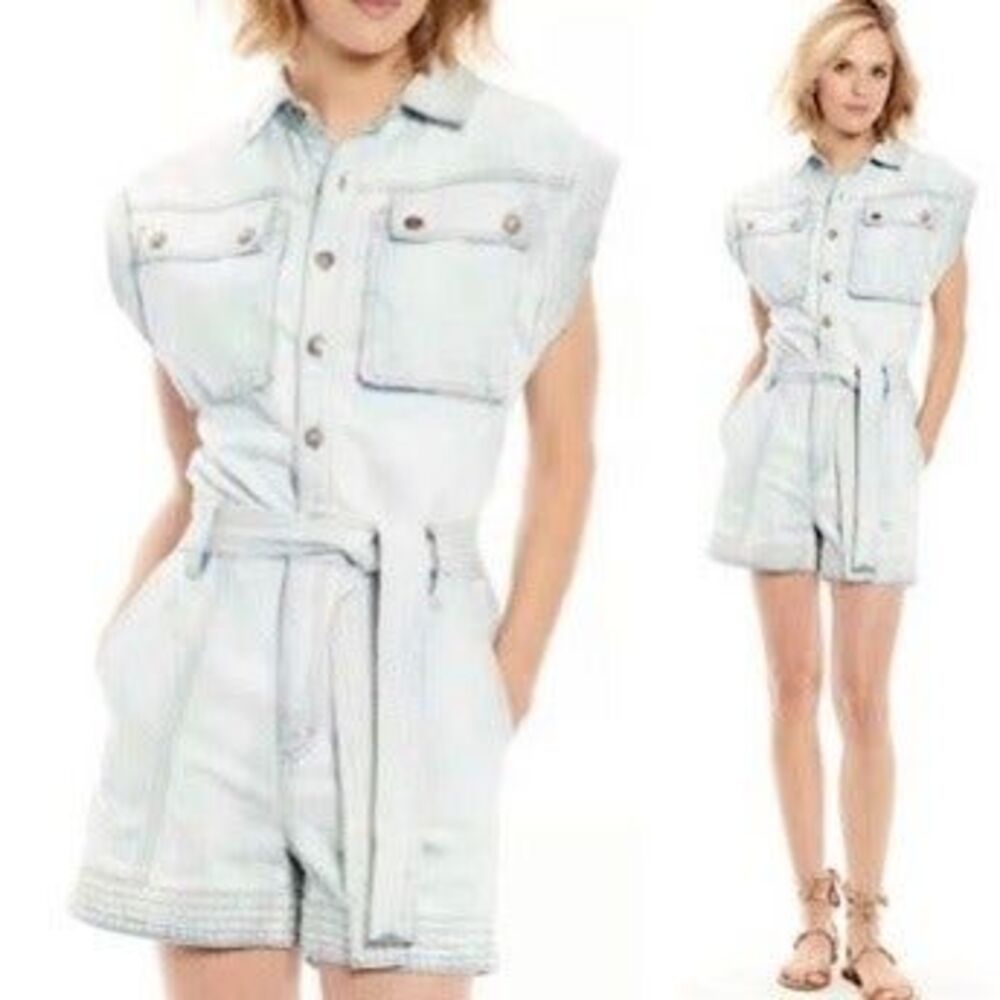 Happy Nature Light Wash Denim Romper-Size 10-Belted-Pockets-Sleeveless-Retro